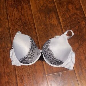 Elegant Lace Trimmed Silver and Black Bra